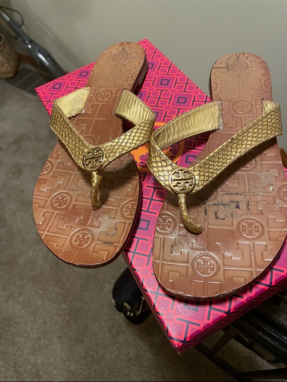 Tory Burch Gold Leather Logo Thong Sandals